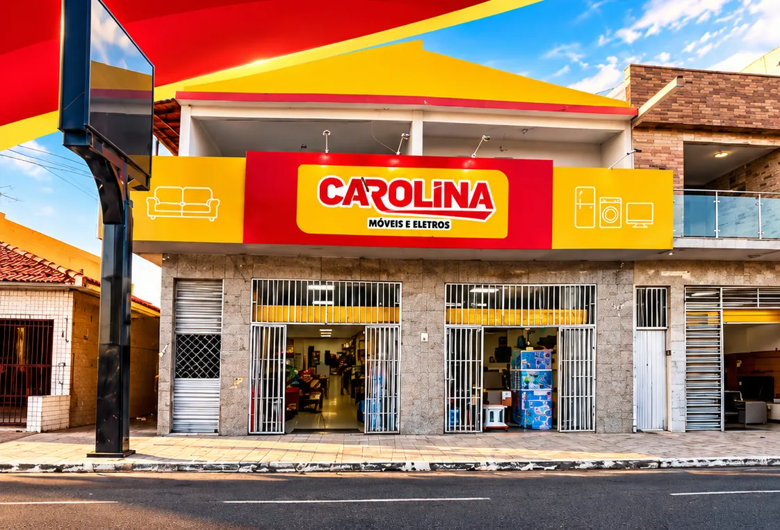 Fachada vermelha e amarela da Lojas Carolina, Móveis e Eletros, em Santa Luzia - PB